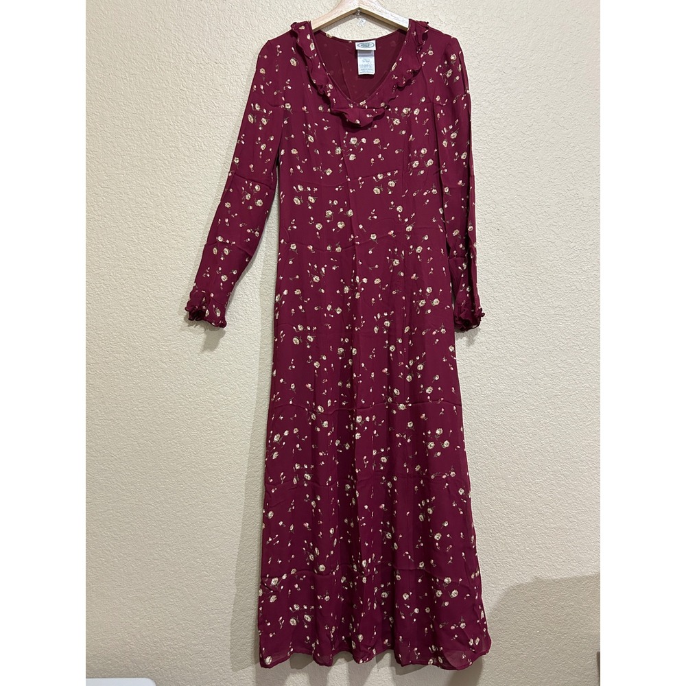 Laura Ashley 4 Vintage Floral Maxi Dress Burgundy Ruffle Cottagecore Romantic